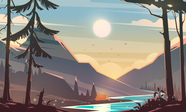 难以置信的山地景观。现代矢量插图概念。激动人心的观点。群山环绕河流。露营。户外娱乐。日落。图片下载