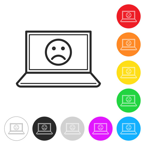 带悲伤表情的笔记本电脑。彩色按钮上的图标图片下载