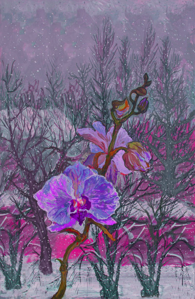 时尚的情人节冬季插图现代艺术作品在印象主义风格的油画我的原始油画在画布上垂直的冬天寒冷的雪景窗外和盛开的紫色兰花在温暖的窗户上的房子图片下载