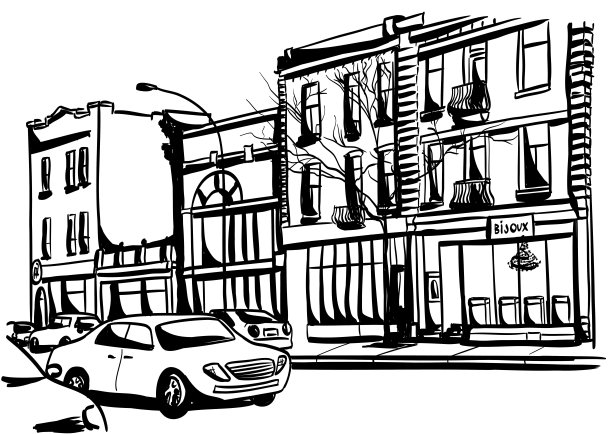 建筑立面和繁忙的汽车墨水图片下载