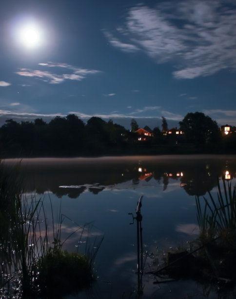 一根带咬报警的鱼竿，在月光皎洁的夜晚，在平静的湖边等待。寻找有记录的鱼。晚上钓鲤鱼。图片下载