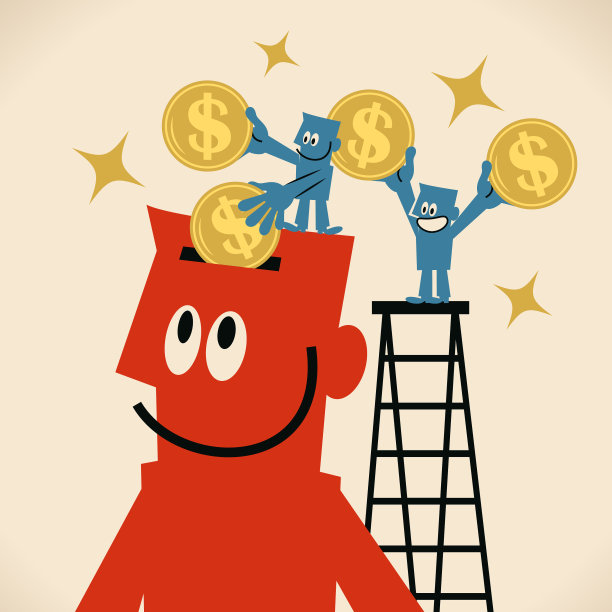 两个小家伙把带美元符号的硬币(美国货币)塞进那个微笑着的巨大商人敞开的脑袋里;投资于你的思想;对钱敏感的人;用你已有的知识谋生图片下载