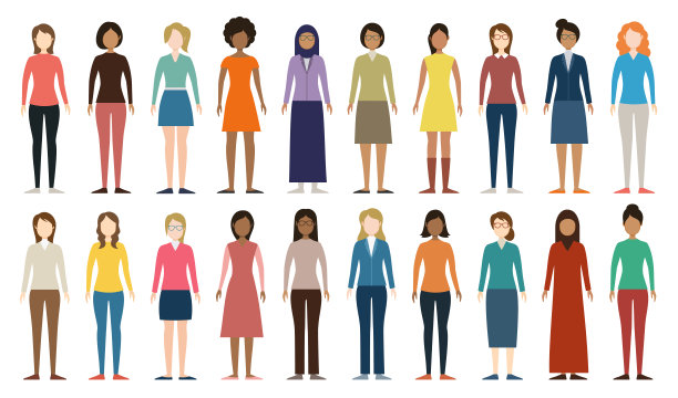 多文化人群。一组不同的女人。全高度数据。年轻人、成年人和老年人。欧洲人，亚洲人，非洲人和阿拉伯人。不同的空的面孔。矢量插图。图片下载