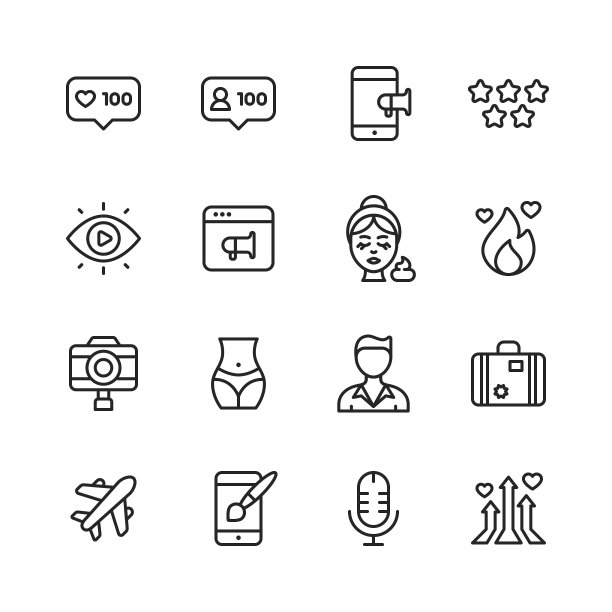 社交媒体影响者的图标。可编辑的中风。像素完美。移动和网络。包含如在线消息，移动应用程序，自拍，数字营销，广告，视频流，直播事件，标签，视频教程，旅游，内容等图标。图片下载