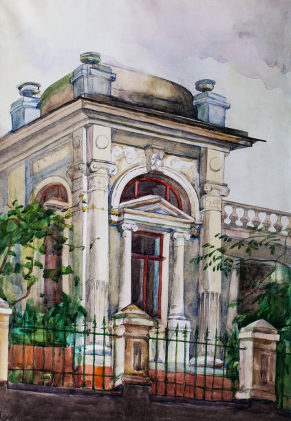 时尚的插图现代艺术印象派绘画垂直古典建筑景观我的原画与水彩画在纸上一个具有古典风格的历史建筑与装饰灰泥窗户和阳台的圆顶图片下载
