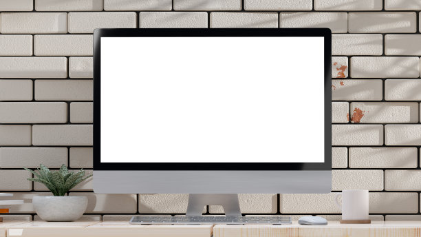 白色砖墙前的桌子上有一个空屏幕。树影从侧面划过。图片下载