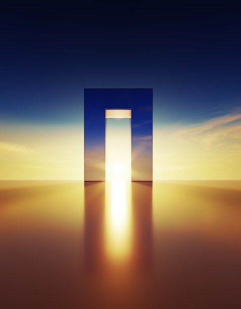 夕阳下的金属立方体图片下载