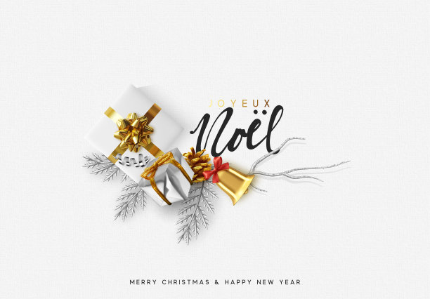 法语版本Joyeux Noel。圣诞快乐，恭贺新禧。圣诞节日背景与现实的设计元素。节日物品，礼盒，装饰松枝。俯视图平铺。图片下载
