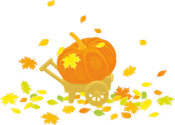 在树叶丛中，独轮手推车上的南瓜图片下载