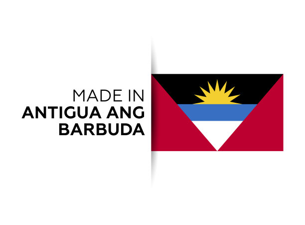 制作安提瓜和巴布达标签，产品会徽。白色的孤立的背景。图片下载