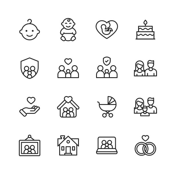 家庭行图标。可编辑的中风。像素完美。移动和网络。包含家庭，父母，父亲，母亲，孩子，家，爱，关怀，怀孕，握手，支持，团聚，社区，多代家庭，社交聚会。图片下载