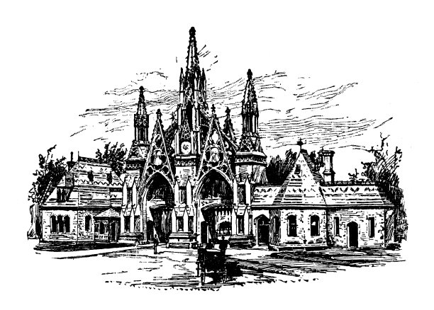 古董插图美国，纽约地标和公司:布鲁克林，绿林公墓入口图片下载