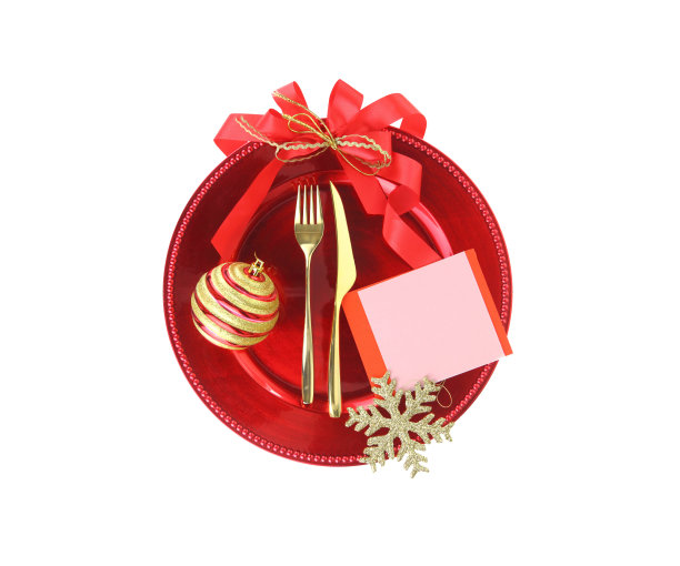 圣诞邀请模板。空纸便条在一个红色的盘子隔离在白色图片下载