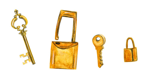 一套金色的水彩物品，钥匙和锁，在白色的豪华背景上，为服装和女性护理项目的设计图片下载
