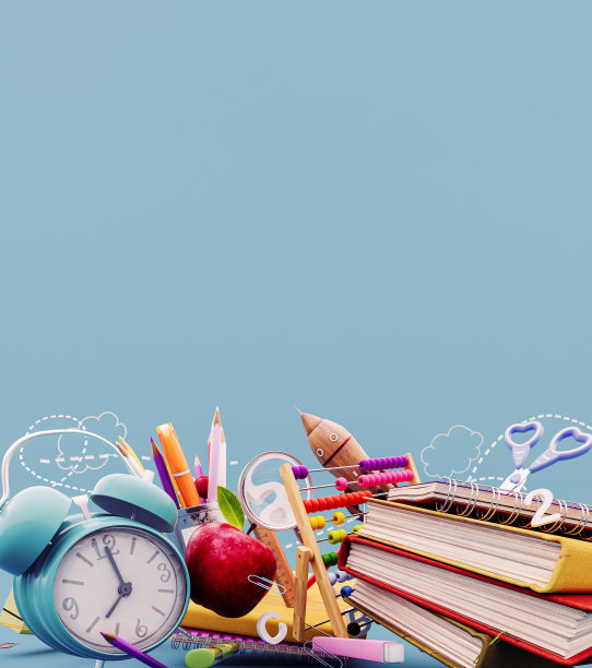 学校配件在蓝色背景与复制空间。为学校概念做好准备。图片下载