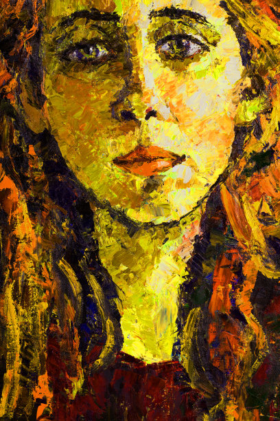 时尚的插图寓言艺术作品油画上的原始印象派垂直的象征性肖像一个年轻美丽，温柔悲伤的女人穿着黑色的衣服，长红头发明亮的嘴唇在一个抽象的背景图片下载