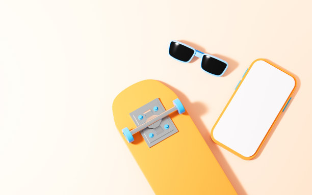 滑板和太阳镜在黄色背景，3d渲染。图片下载