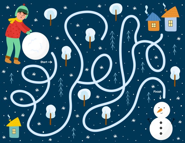 帮这个男孩堆雪人。适合孩子的冬季迷宫游戏。幼儿园活动页面图片下载