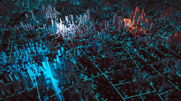 城市夜景概念背景，用不同颜色表达大城市的重点，3d渲染图片下载