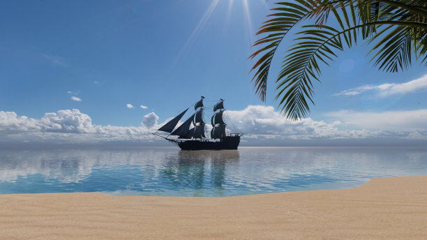 帆船在白天驶向大海。阳光照耀在海湾里的一艘帆船上。图片下载