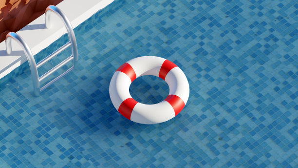 泳池边漂浮环的俯视图，带有暑假的3D渲染设计概念。图片下载