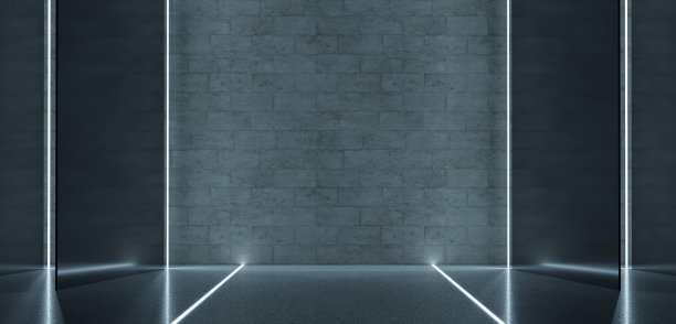 地板和墙壁场景霓虹灯背景技术舞台是空夜灯大厅场景3d插图图片下载