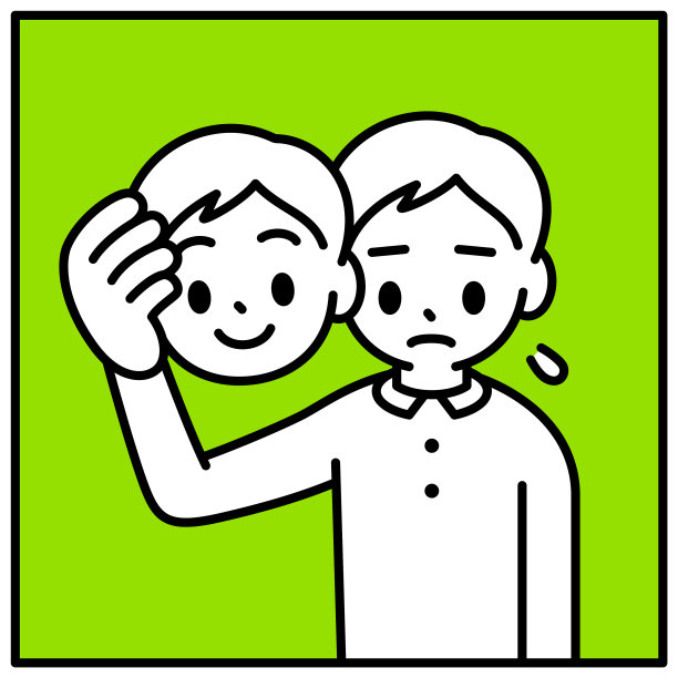 一个沮丧的男孩戴上微笑的面具，假装快乐，极简风格，黑白轮廓图片下载