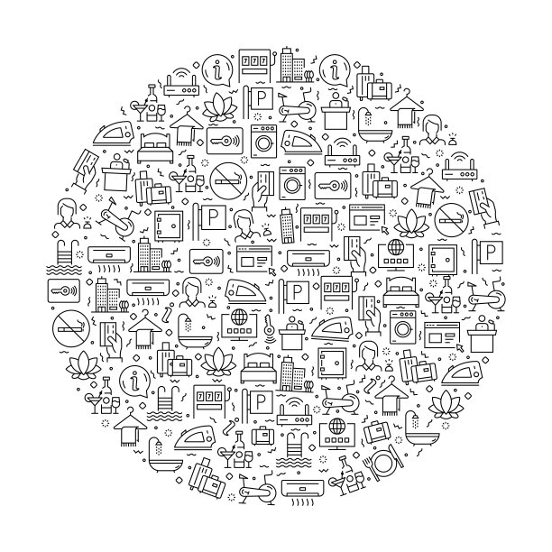 图案与酒店服务和设施图标。黑色和白色细线图标图片下载