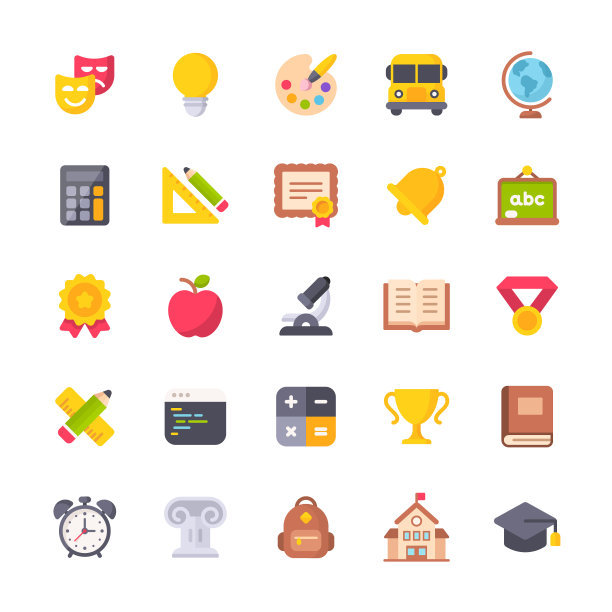 教育平图标。材料设计图标。像素完美。移动和网络。包含绘画，校车，教学，运动，书籍，校舍，基础教育，苹果，背包，数学等图标。图片下载