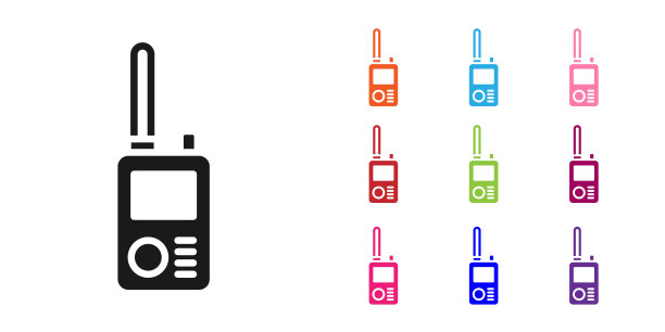 黑色对讲机图标孤立在白色背景。便携式无线电发射机图标。无线电收发器的信号。设置图标丰富多彩。向量图片下载
