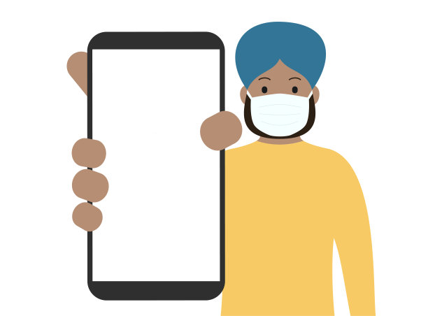 戴着医用口罩的男子展示着空白的智能手机屏幕。卡通矢量股票插图图片下载