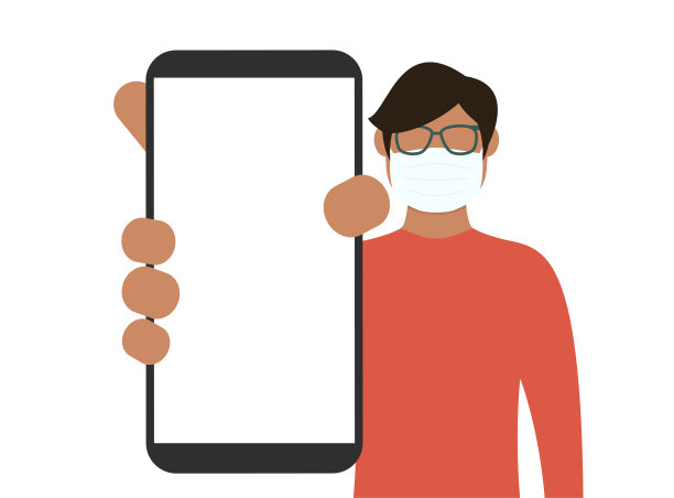 戴着医用口罩的男子展示着空白的智能手机屏幕。卡通矢量股票插图图片下载