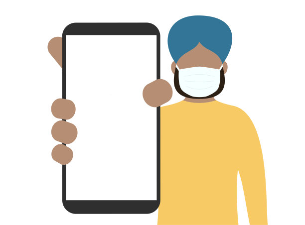 戴着医用口罩的男子显示智能手机屏幕空白。卡通矢量股票插图图片下载