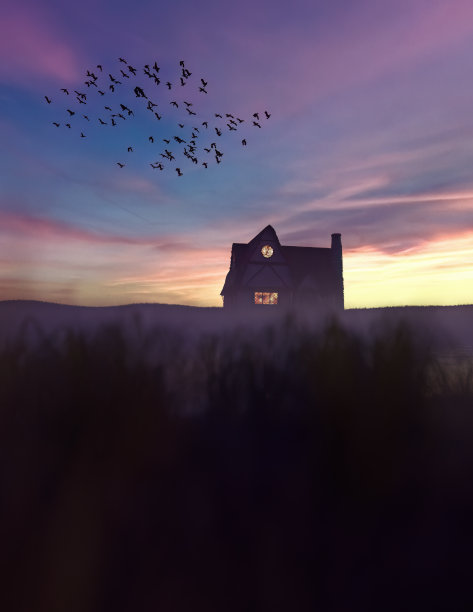 小屋的窗户灯火通明，窗外是雾蒙蒙的湖面，天空中有鸟儿飞舞。3 d渲染。图片下载