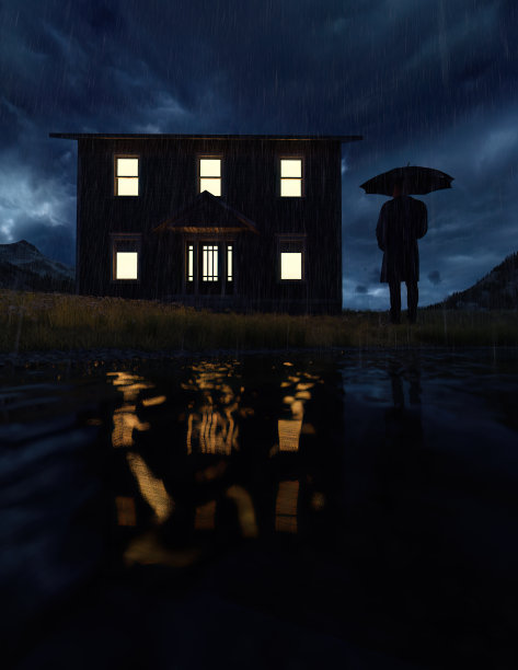 一个打着伞的人站在雨中，站在山间湖边一间窗户灯火通明的房子旁。3 d渲染。图片下载