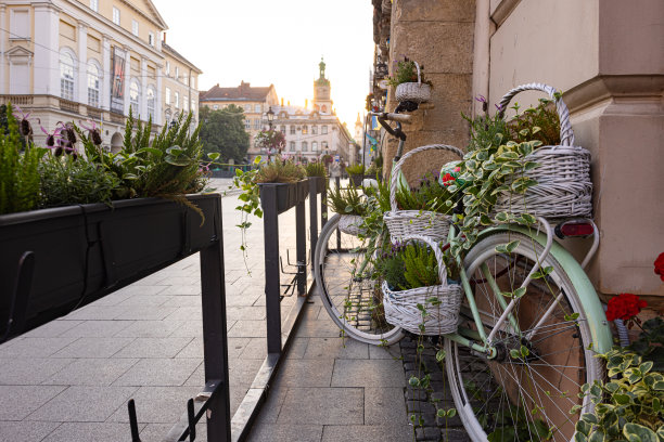 利沃夫市中心的自行车装饰上的花朵图片下载