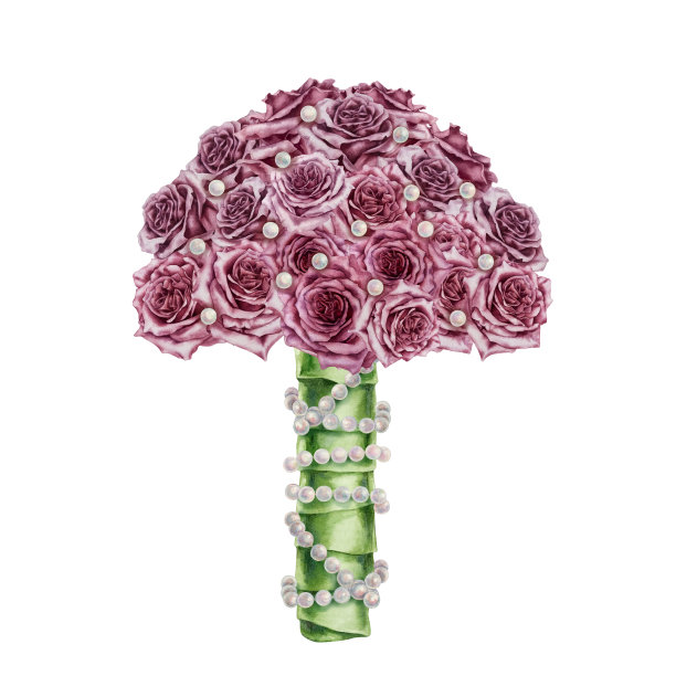 水彩粉色玫瑰花束，用丝带和珍珠包装。设计情人节，婚礼，妇女节，母亲节，生日，贴纸。元素被隔离在白色背景上图片下载