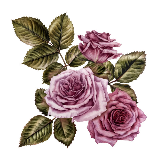 粉色玫瑰和绿叶的水彩画花束。设计情人节，婚礼，妇女节，母亲节，生日，贴纸。元素被隔离在白色背景上图片下载