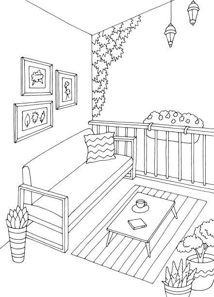阳台图形黑白室内垂直素描插图矢量图片下载