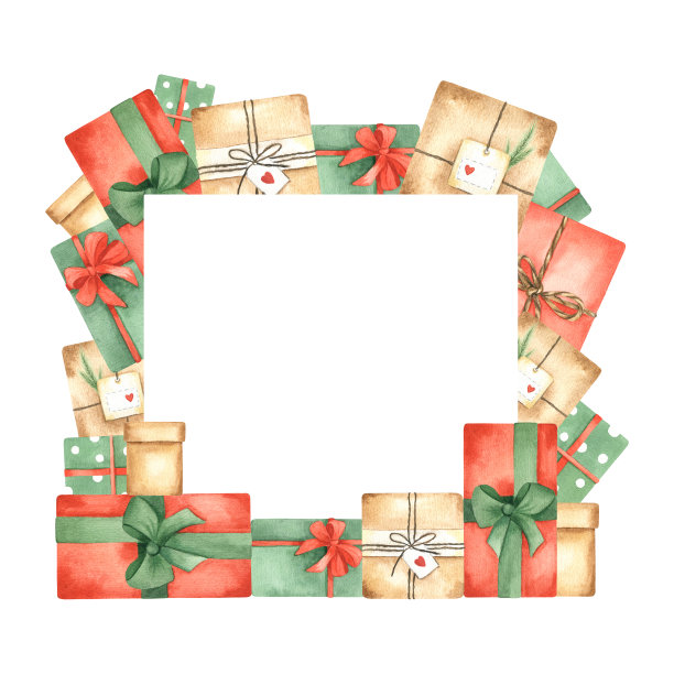 五颜六色的礼品盒。有文字空间的框架。一圈礼物。水彩插图。孤立。用于明信片，节日请柬。图片下载