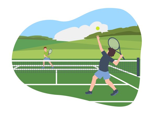 草坪网球场与球员为横幅和海报，平面矢量隔离。图片下载