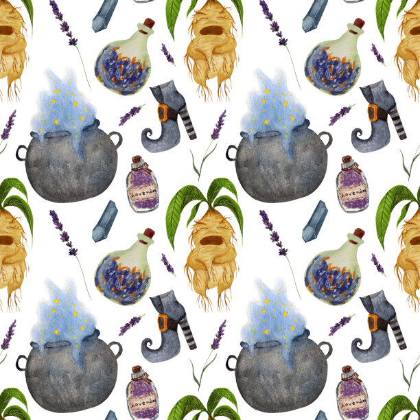 水彩无缝图案，神奇的瓶子与草药，薰衣草，大锅，曼德拉草，女巫鞋在一个白色的背景。图片下载