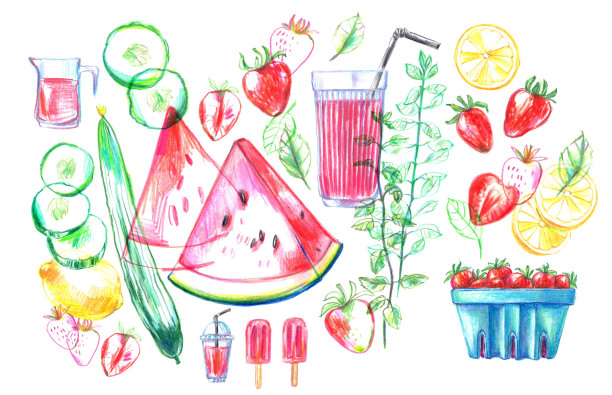 手绘夏季奶昔配方插图，玻璃和配料海报。图片下载