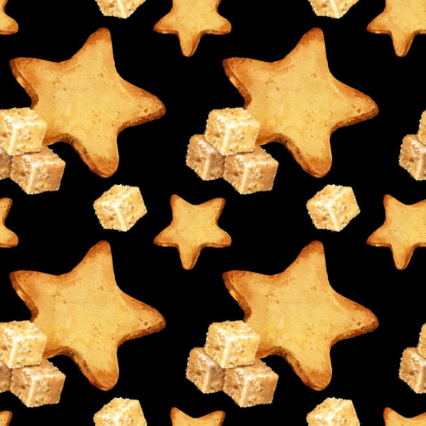 水彩无缝图案与饼干，饼干，红糖立方体，蔗糖，手绘插图，图案在黑色的背景图片下载