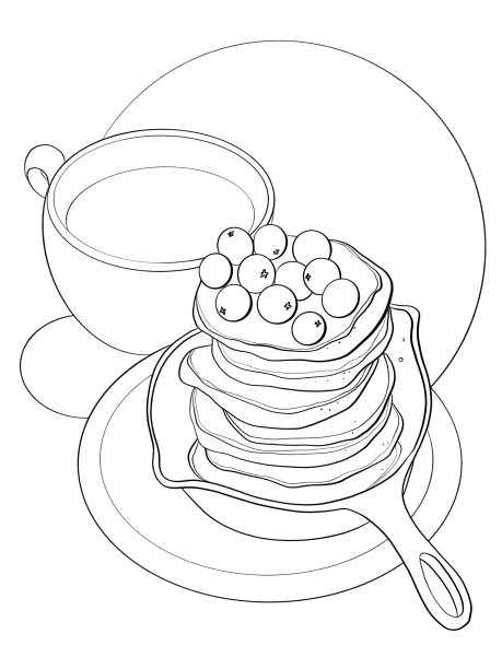 轮廓线插图菜单食谱甜食早餐煎饼与咖啡和浆果设计元素的广告印刷贴纸图片下载