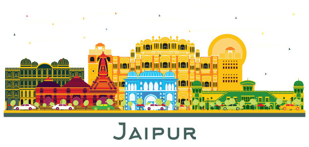 斋浦尔印度城市天际线与彩色建筑孤立在白色。图片下载