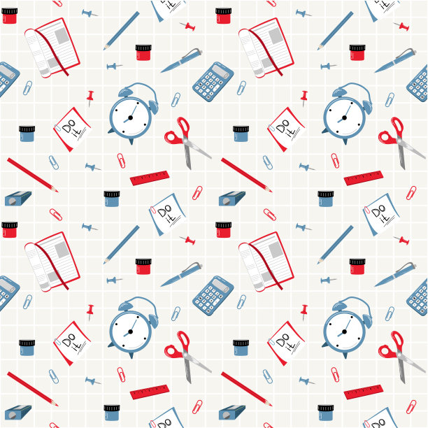 矢量儿童的无缝模式与学校用品在白色方格的背景。图片下载