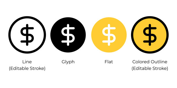 美元标志，美元，美元货币符号矢量图标集孤立的白色背景。图片下载