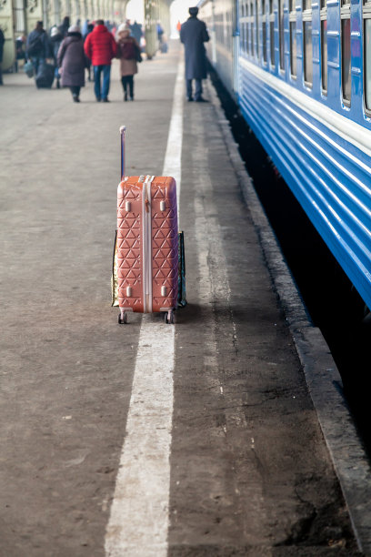 粉红色的手提箱放在车站的车厢前图片下载