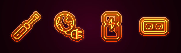 固定线螺丝刀，全球能源星球，插头，冰箱和电源插座。发光的霓虹灯图标。向量图片下载